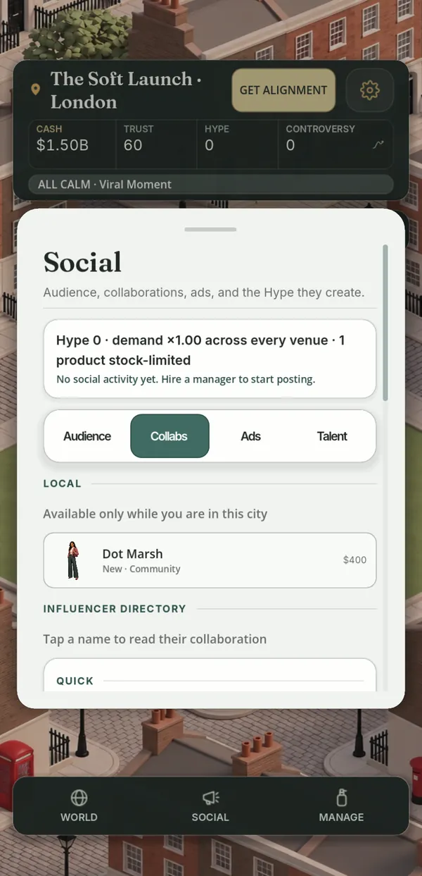 The Social sheet open on influencer collaborations