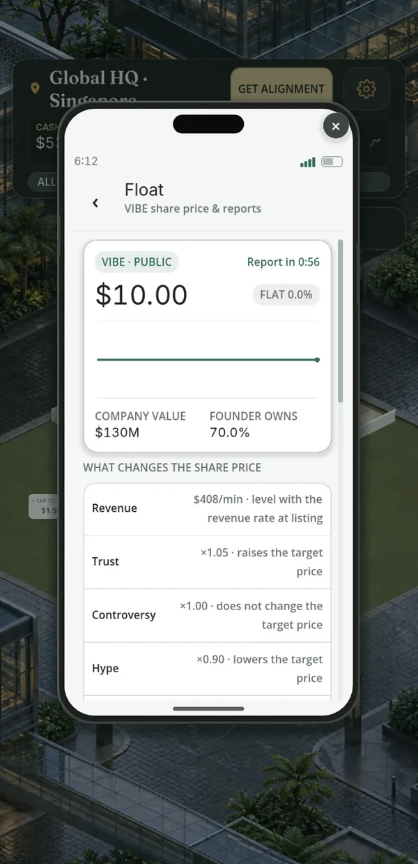 The in-game Float app showing the VIBE share price and what moves it