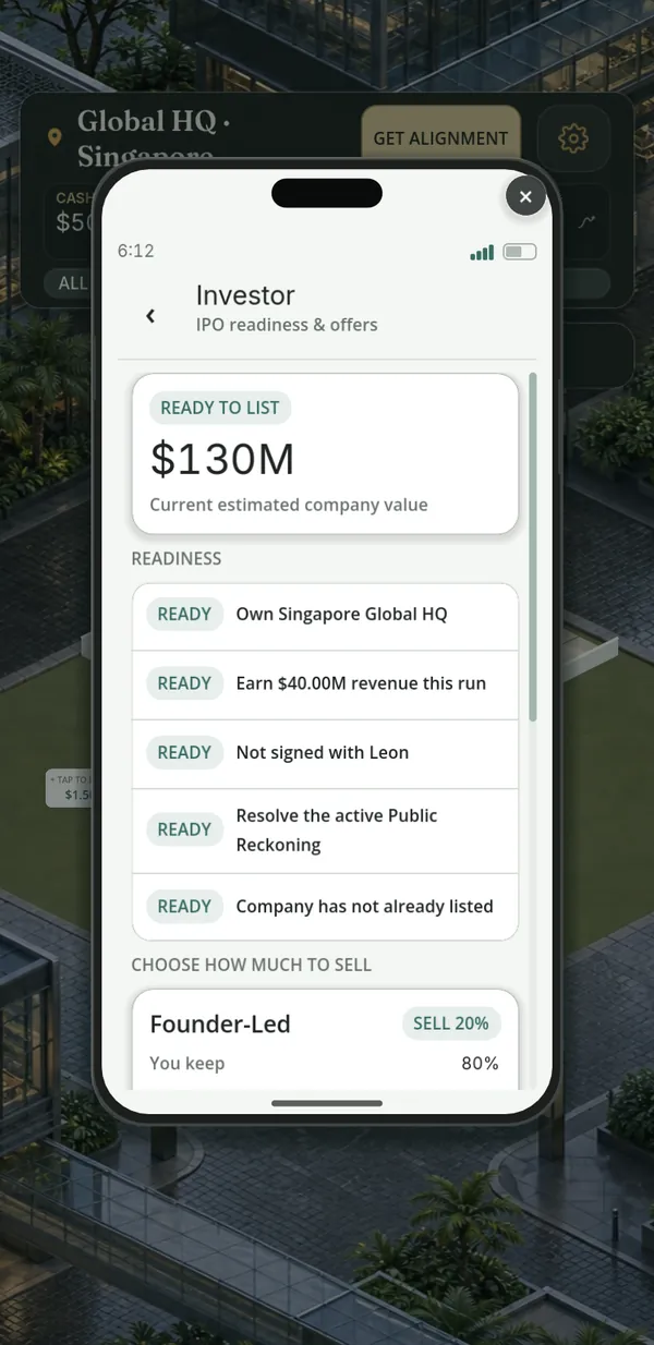 The in-game Investor app showing IPO readiness and the offers