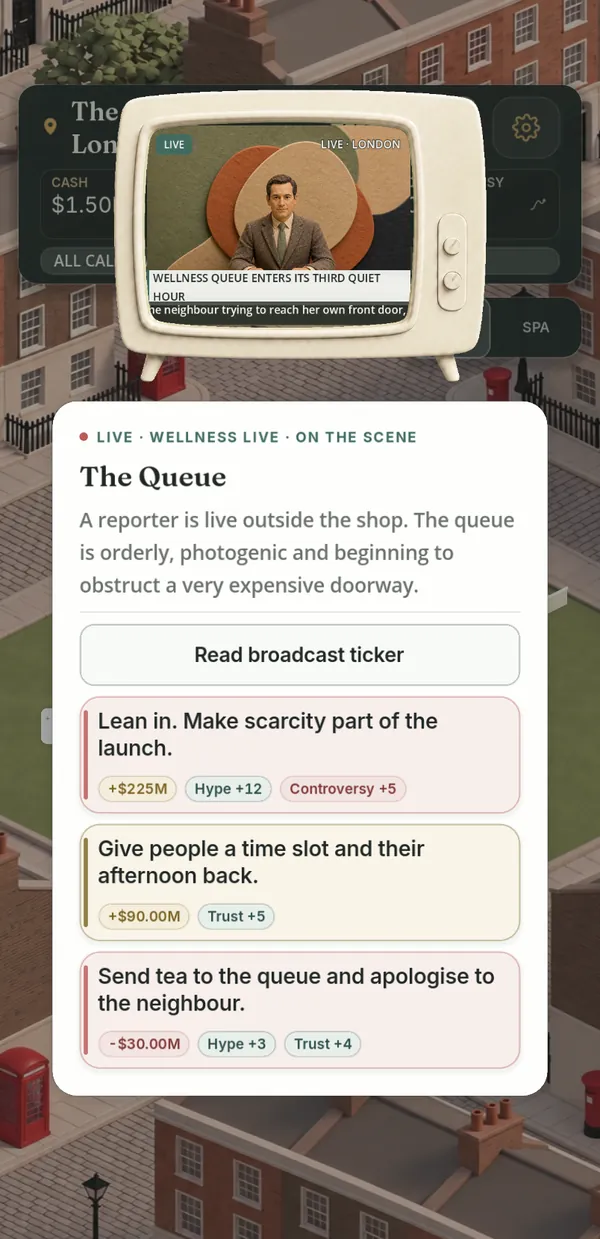 A live TV report on the queue outside the shop, with three ways to respond