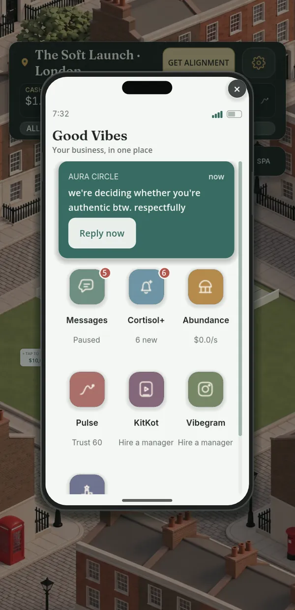 The company phone home screen with Messages, Cortisol+, Abundance and other apps