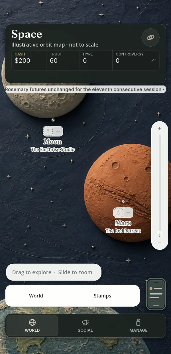 The in-game space map showing the Moon and Mars